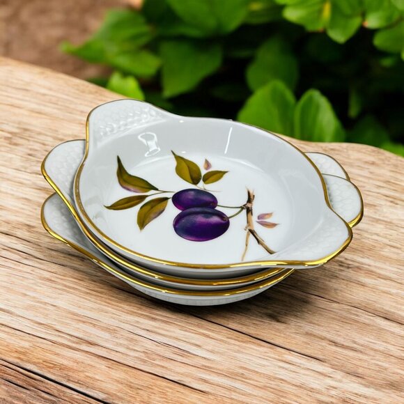 Royal Worcester 3 Porcelain Oval Au Gratin Dishes Plums Gold Rim 5.5" England - Picture 1 of 14